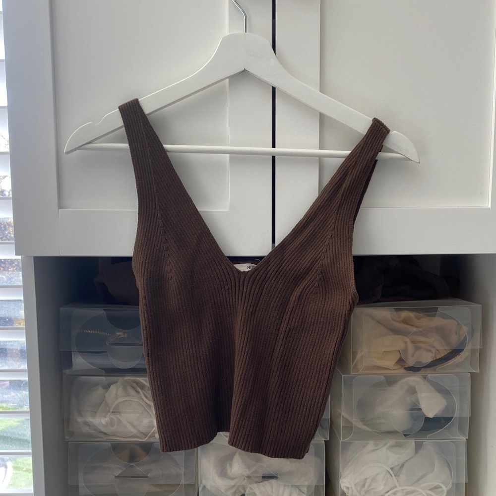 Brown Ribbed Knit Women's Top